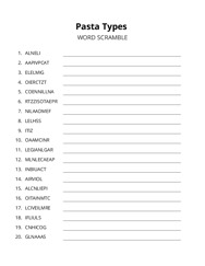 Pasta Types word scramble puzzle