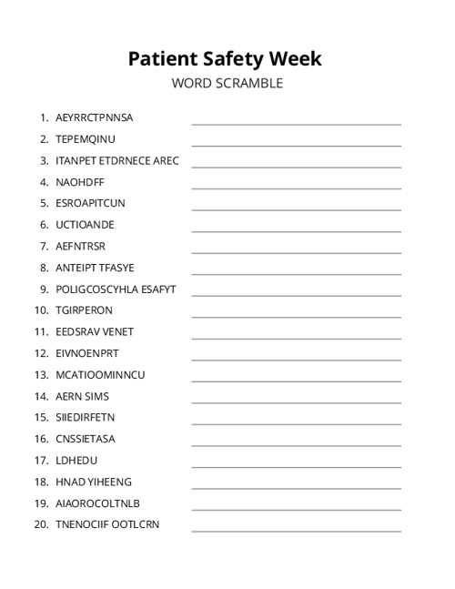 Patient Safety Week Word Scramble Puzzle
