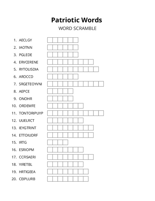 Patriotic Words Word Scramble Puzzle