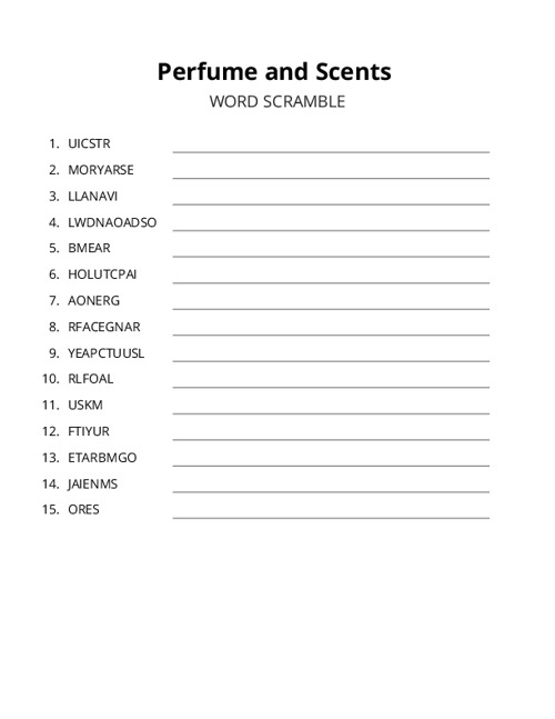 Perfume and Scents Word Scramble Puzzle