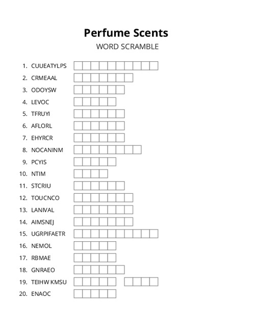Perfume Scents Word Scramble Puzzle