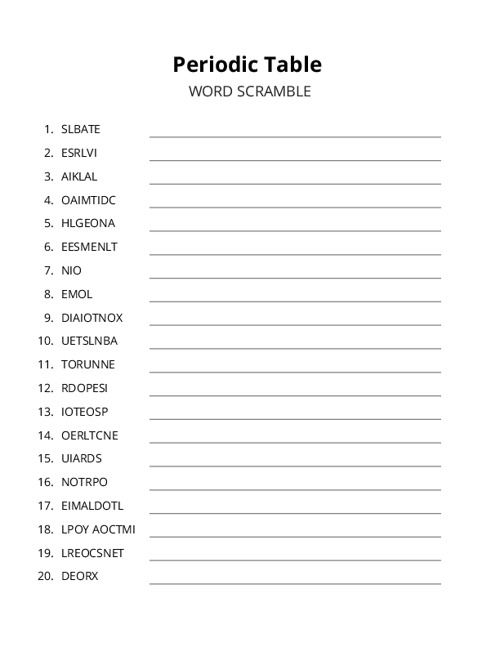 Periodic Table Word Scramble Puzzle