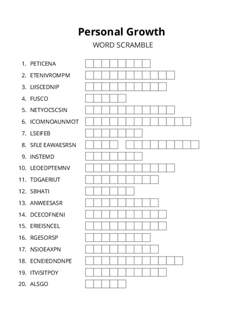 Personal Growth Word Scramble Puzzle