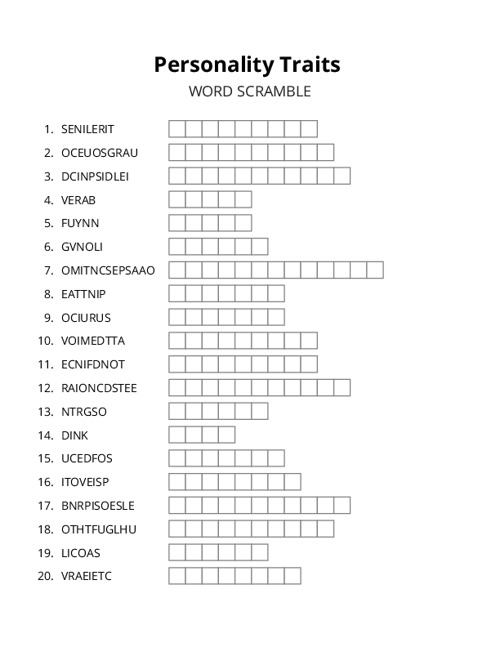 Personality Traits Word Scramble Puzzle