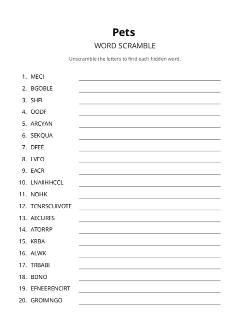 Pets Word Scramble Puzzle