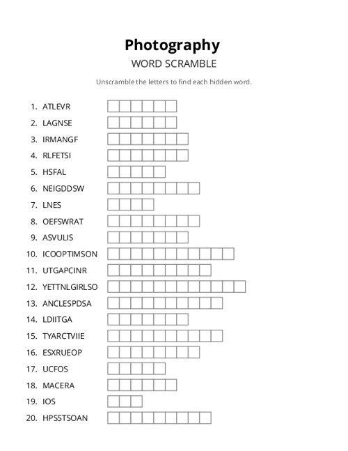 Photography Word Scramble Puzzle