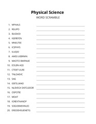 Physical Science word scramble puzzle