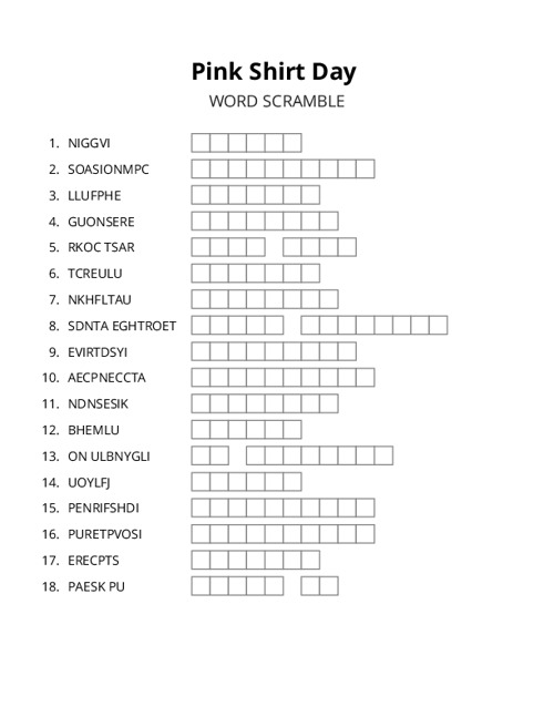 Pink Shirt Day Word Scramble Puzzle