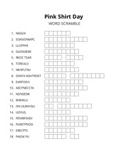 Pink Shirt Day word scramble puzzle