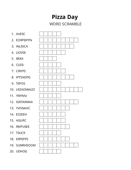 Pizza Day Word Scramble Puzzle