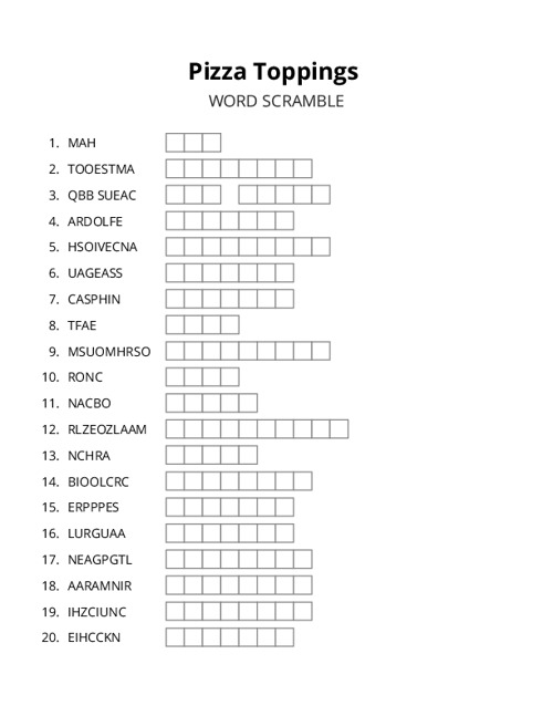 Pizza Toppings Word Scramble Puzzle