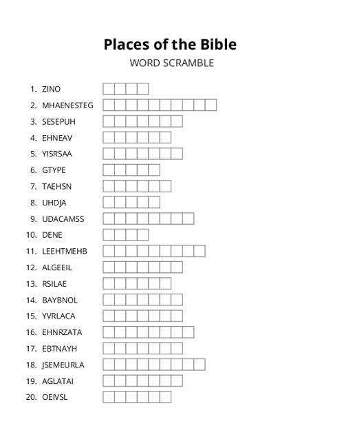 Places of the Bible Word Scramble Puzzle