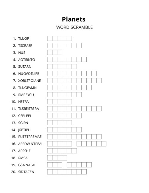 Planets Word Scramble Puzzle