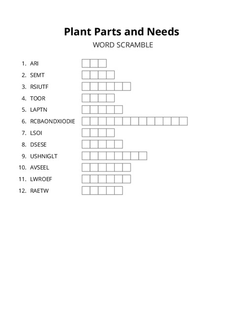 Plant Parts and Needs Word Scramble Puzzle