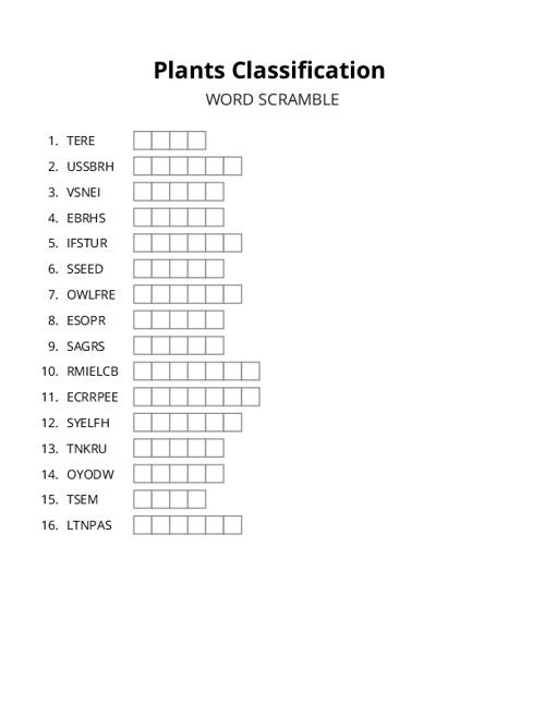 Plants Classification Word Scramble Puzzle
