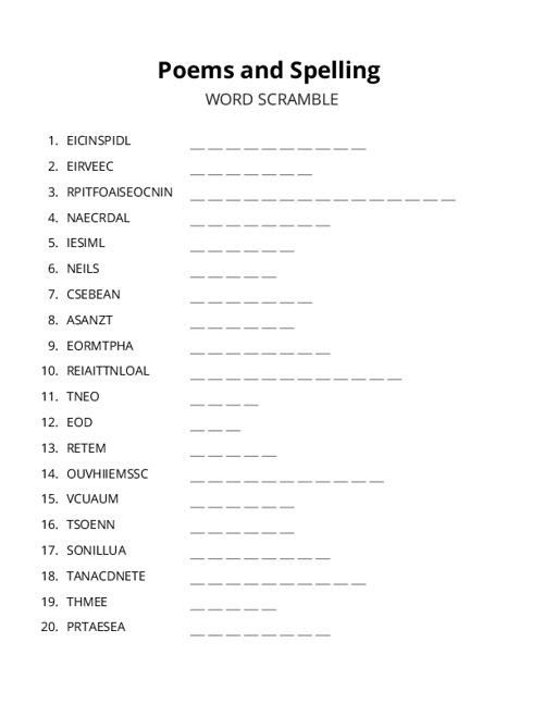 Poems and Spelling Word Scramble Puzzle