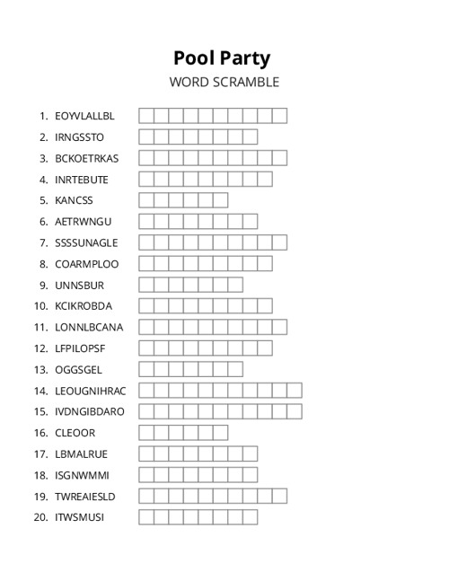 Pool Party Word Scramble Puzzle