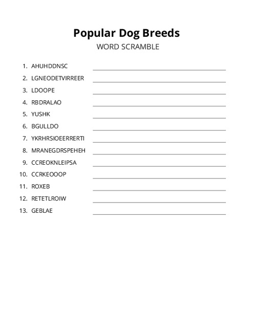 Popular Dog Breeds Word Scramble Puzzle