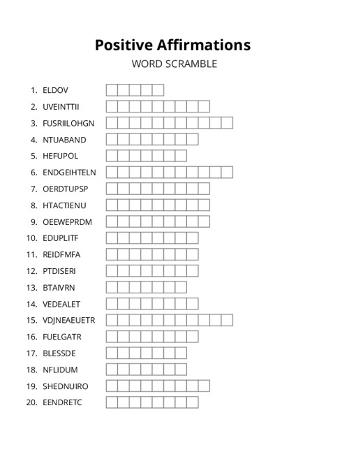 Positive Affirmations Word Scramble Puzzle