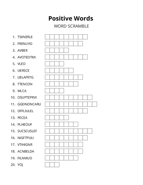 Positive Words Word Scramble Puzzle