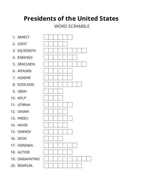 Presidents of the United States Word Scramble Puzzle