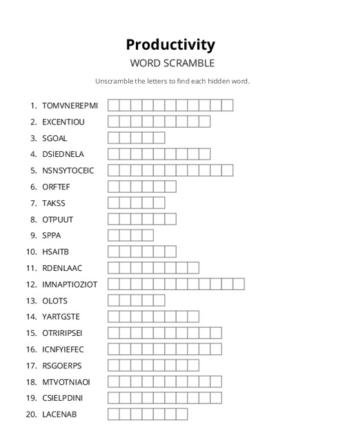 Productivity Word Scramble Puzzle