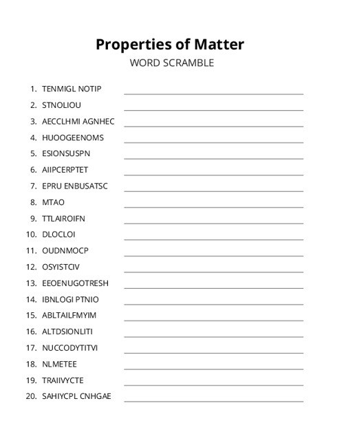 Properties of Matter Word Scramble Puzzle