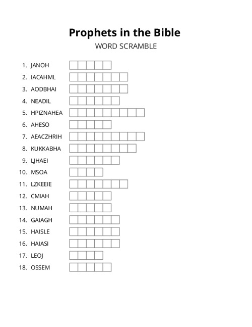 Prophets in the Bible Word Scramble Puzzle