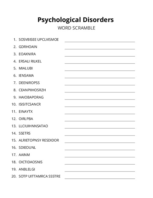 Psychological Disorders Word Scramble Puzzle