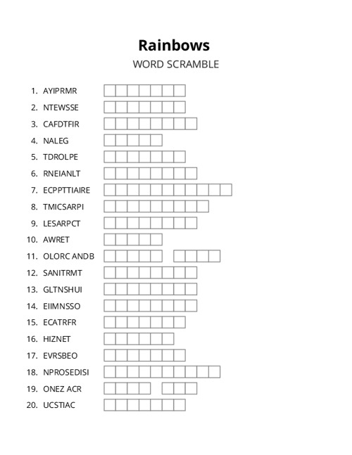 Rainbows Word Scramble Puzzle
