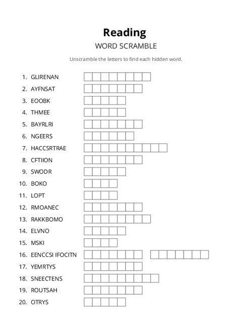 Reading Word Scramble Puzzle