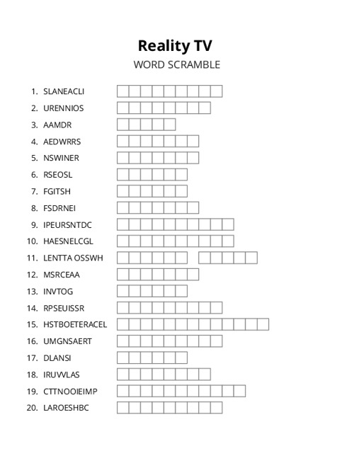 Reality TV Word Scramble Puzzle