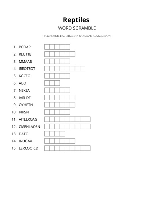 Reptiles Word Scramble Puzzle