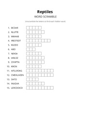 Reptiles word scramble puzzle