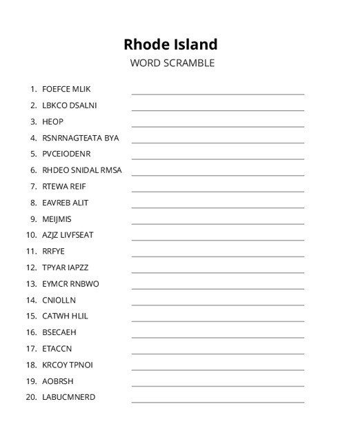 Rhode Island Word Scramble Puzzle