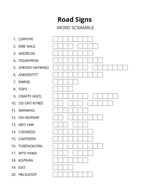Road Signs Word Scramble Puzzle