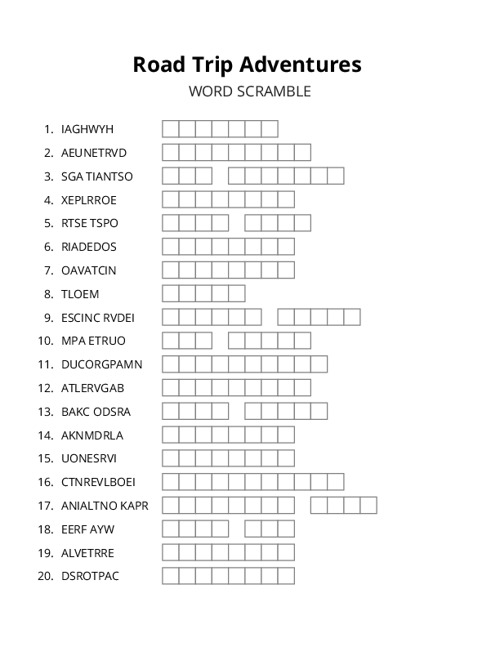 Road Trip Adventures Word Scramble Puzzle