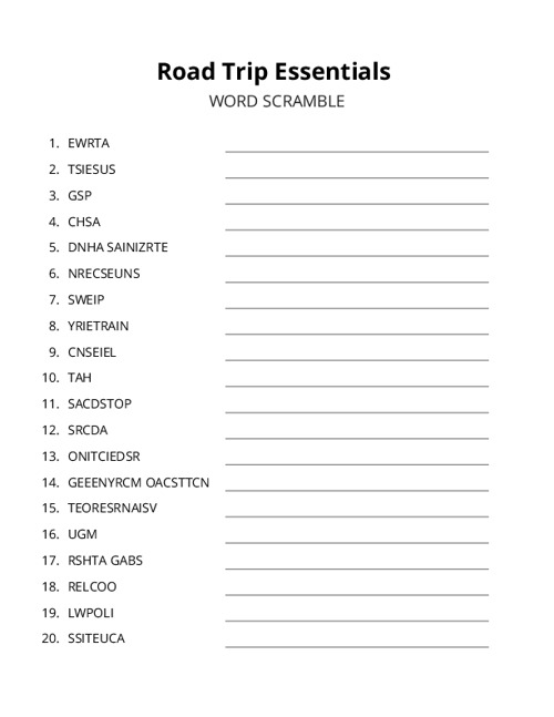 Road Trip Essentials Word Scramble Puzzle