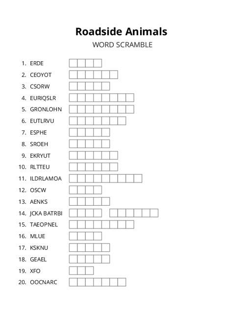 Roadside Animals Word Scramble Puzzle