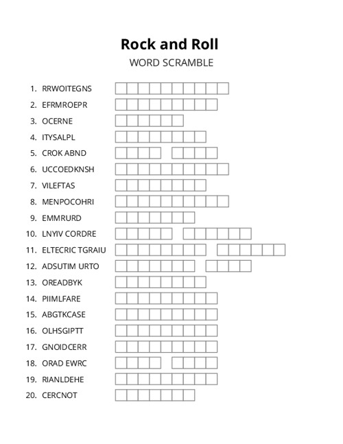 Rock and Roll Word Scramble Puzzle