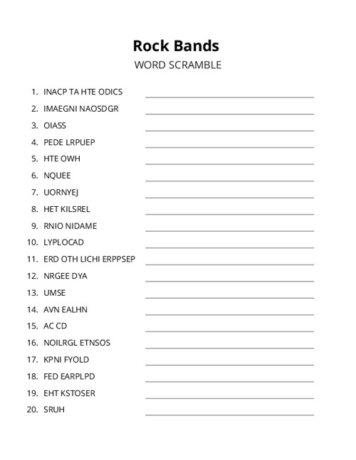 Rock Bands Word Scramble Puzzle