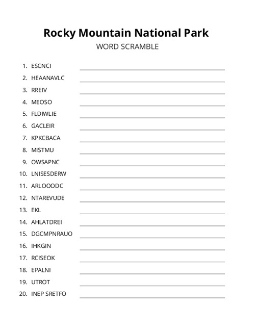 Rocky Mountain National Park Word Scramble Puzzle