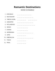 Romantic Destinations word scramble puzzle