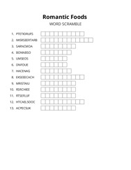 Romantic Foods word scramble puzzle