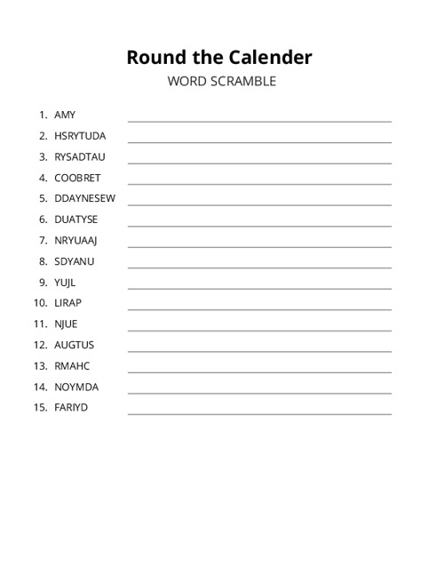 Round the Calender Word Scramble Puzzle