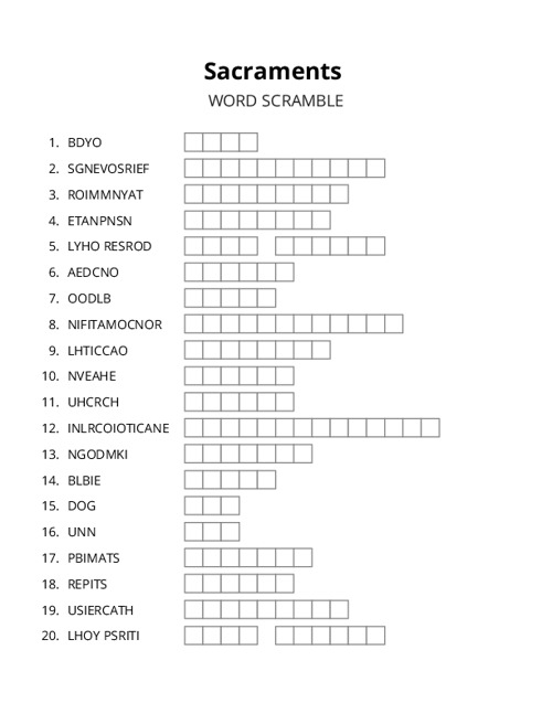 Sacraments Word Scramble Puzzle