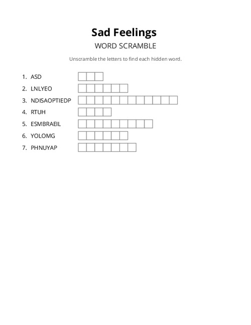 Sad Feelings Word Scramble Puzzle