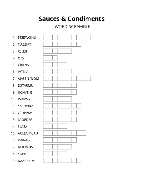 Sauces & Condiments Word Scramble Puzzle