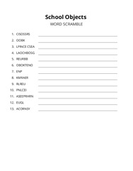 School Objects word scramble puzzle