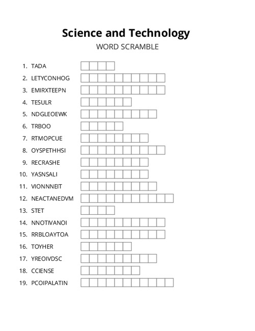 Science and Technology Word Scramble Puzzle